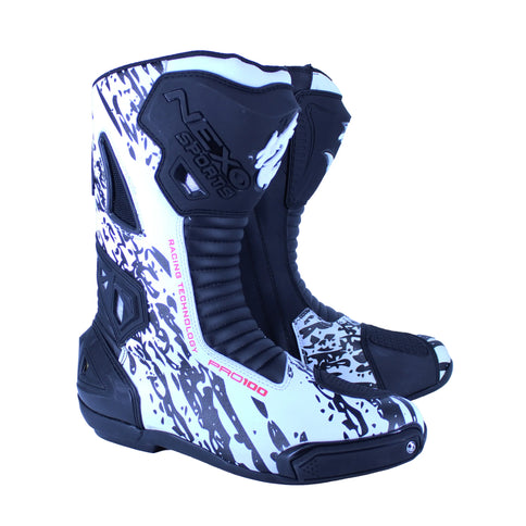 Nexo RA-31 Superbike MX boots in black and white with sturdy protective features, designed for motocross riding.