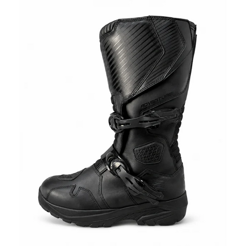Black Nexo BT-2296 adventure road boots with sturdy design and rugged soles, suitable for outdoor motorcycle riding.
