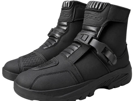Black Nexo Adventure road boots with sturdy design, featuring adjustable straps and durable sole for motorcycle riding.