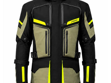 NEXO Touring Olive adventure jacket displayed on a hanger, showcasing its durable outdoor design and olive green color.