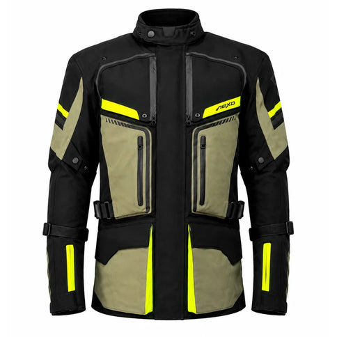 NEXO Touring Olive adventure jacket displayed on a hanger, showcasing its durable outdoor design and olive green color.