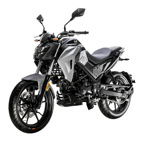 Black SYM NHX 125 motorcycle with sleek design and sporty appearance, showcased from a side angle.