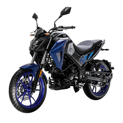 Blue SYM NHX 125 motorcycle with sleek design and sporty appearance, shown from the front angle.