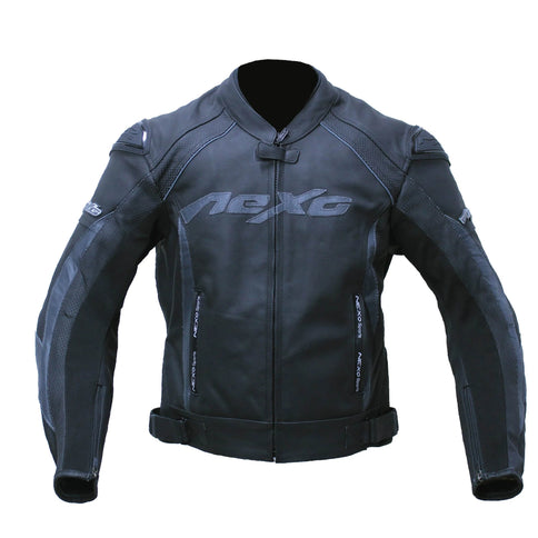 Black NFORCE road jacket by NEXO for men, featuring a sleek leather design with detailed stitching and a modern fit.