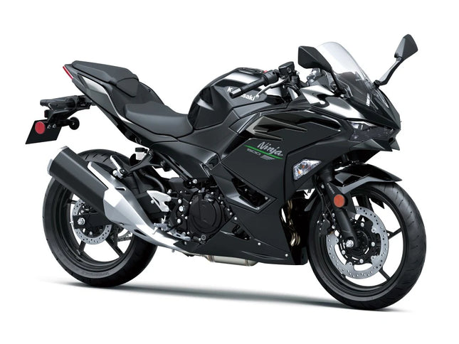 Black Kawasaki Ninja 500 super sport motorcycle with sleek design and sporty stance.