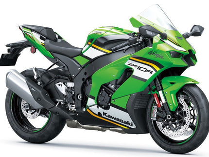 2025 Kawasaki Ninja ZX-10R supersport motorcycle with sleek black and green body, showcasing its aerodynamic design and aggressive stance.