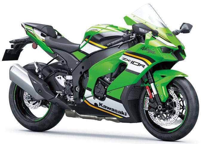 2025 Kawasaki Ninja ZX-10R supersport motorcycle with sleek black and green body, showcasing its aerodynamic design and aggressive stance.