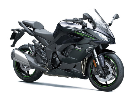 2025 Kawasaki Ninja 1100 SX sports touring motorcycle with sleek design and sporty features, shown from a side view.