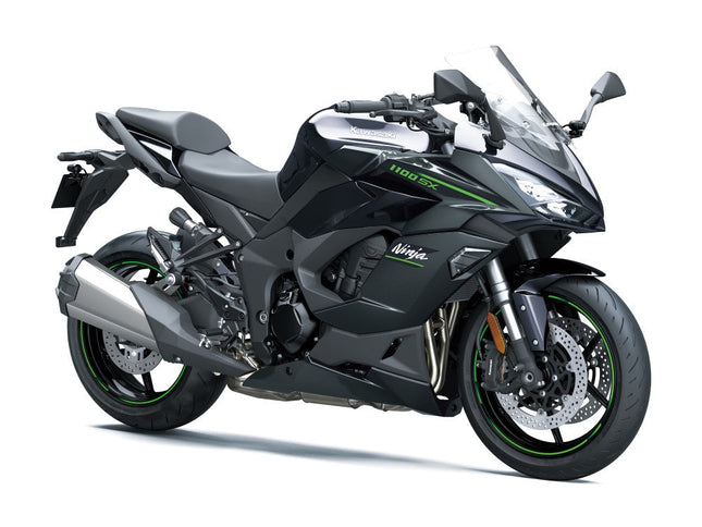 2025 Kawasaki Ninja 1100 SX sports touring motorcycle with sleek design and sporty features, shown from a side view.