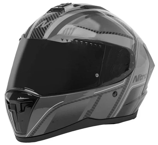 NITRO Sidewinder full face helmet in black and grey with aerodynamic design for road riding safety and style