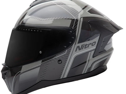 NITRO Sidewinder full face motorcycle helmet in black and grey with aerodynamic design for road riding.
