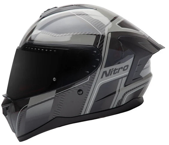 NITRO Sidewinder full face motorcycle helmet in black and grey with aerodynamic design for road riding.
