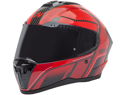 NITRO Sidewinder full face road helmet in red and black with aerodynamic design and ventilation features.