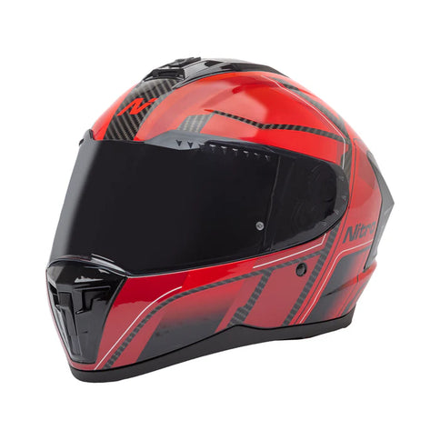 NITRO Sidewinder full face road helmet in red and black with aerodynamic design and ventilation features.