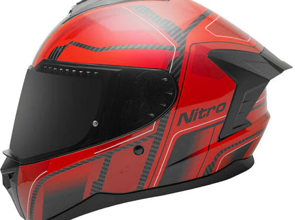 NITRO Sidewinder full face helmet in red and black for road riding, featuring aerodynamic design and secure strap system.
