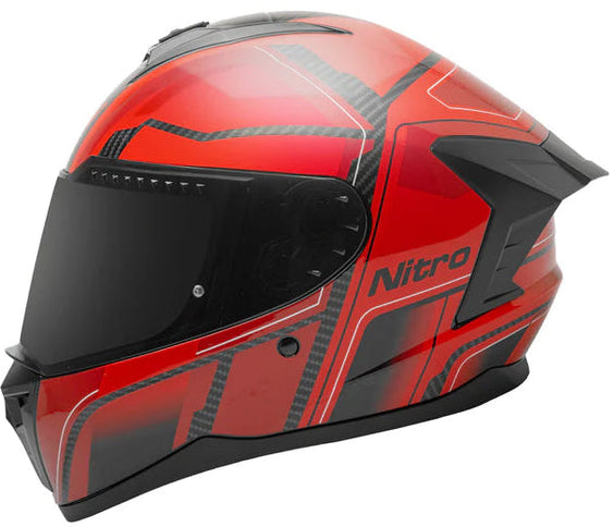 NITRO Sidewinder full face helmet in red and black for road riding, featuring aerodynamic design and secure strap system.