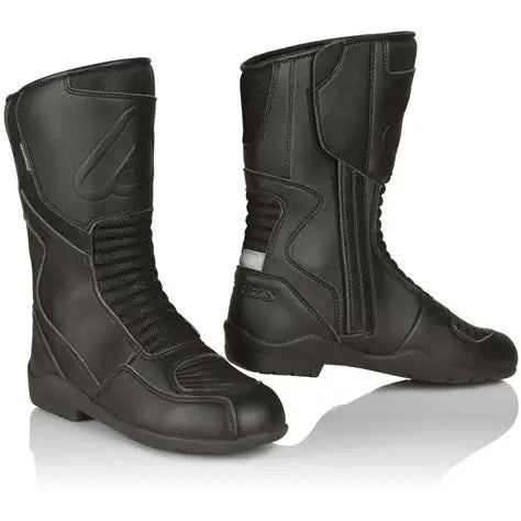 ACERBIS Tour MX boots, black and gray motocross riding boots with reinforced ankle protection and adjustable straps.