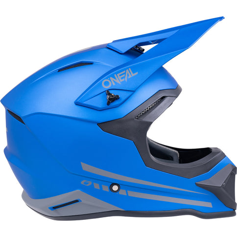 O'NEAL SRS Blue and Black MX helmet with adjustable straps and ventilation for motocross riding.