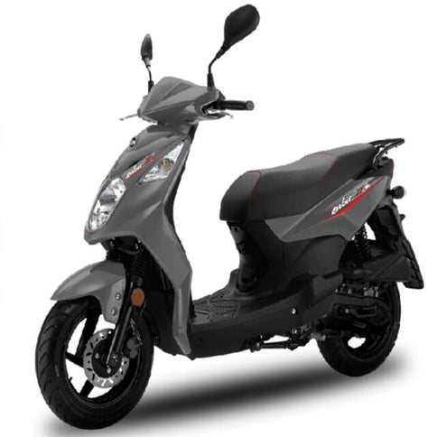 Grey SYM Orbit II 150 scooter with sleek design and modern features, shown from a front-side view.