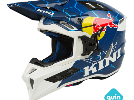 O'NEAL Kini Red Bull EXC MX helmet 1.0 in blue and white, shown from the left side with sleek design and branding details.