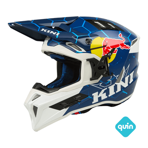 O'NEAL KINI Red Bull MX helmet with red and black design, shown from the left side, featuring sleek aerodynamic shape and branding.