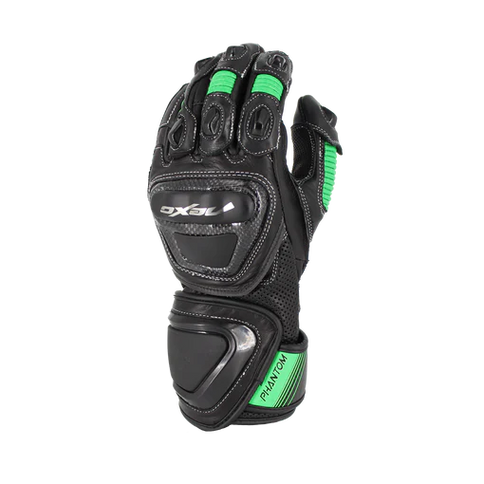 NEXO Phantom Racing Leather MX glove in black and green, showing the palm and finger details with padded design and branding.