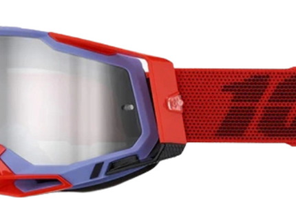 Silver mirror MX goggles with Racecraft2 cleat design from 100%, featuring clear lenses and adjustable strap for motocross riding.