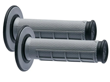 Renthal MX dual waffle motorcycle grips in grey and black, featuring textured rubber for enhanced grip and comfort.