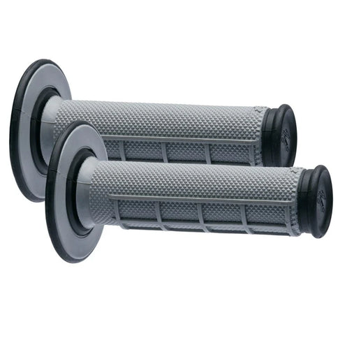 Renthal MX dual waffle motorcycle grips in grey and black, featuring textured rubber for enhanced grip and comfort.