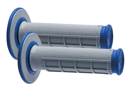Renthal MX dual compound waffle grips in grey and blue with textured surface for motocross bikes.