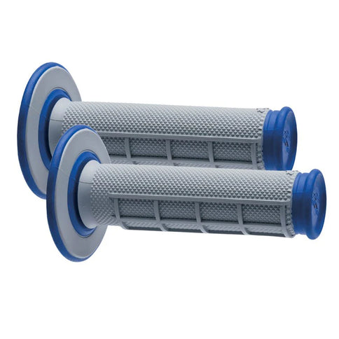 Renthal MX dual compound waffle grips in grey and blue with textured surface for motocross bikes.