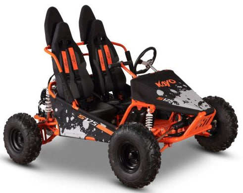KAYO S125 orange side-by-side ATV with rugged tires and sturdy frame, shown in a side view.