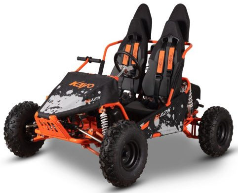 Orange KAYO S125 side-by-side ATV with rugged tires and sporty design, shown in a front view.