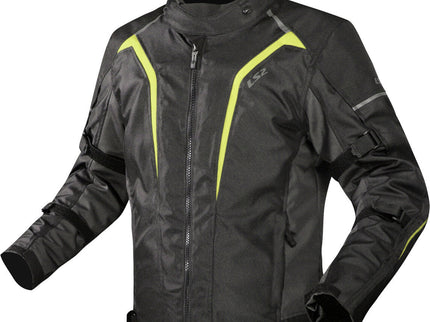 Black and hi-vis yellow LS2 Sepang men's road jacket displayed on a mannequin with reflective details and armored shoulders.