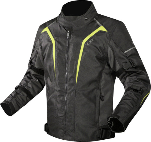 Black and hi-vis yellow LS2 Sepang men's road jacket displayed on a mannequin with reflective details and armored shoulders.