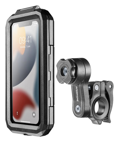 RBS-Yamaha QUIKLOX Armor Pro phone lock case with handlebar mount attached to motorcycle handlebar, black protective cover