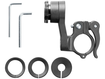 RBS-Yamaha QUIKLOX Armor Pro phone lock case with handlebar mount on a motorcycle handlebar, black protective cover with mounting hardware.