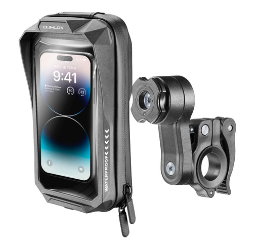 RBS-YAMAHA QUIKLOX waterproof phone lock kit with handlebar mount, secure case for motorcycle or bike handlebars.