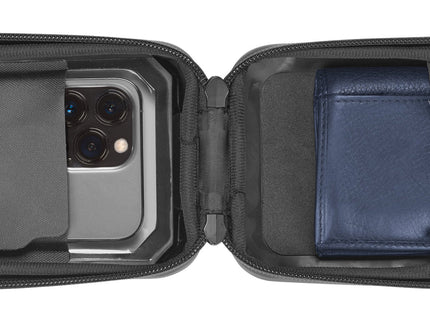 RBS-YAMAHA QUIKLOX waterproof phone lock case with handlebar mount mounted on a motorcycle handlebar.