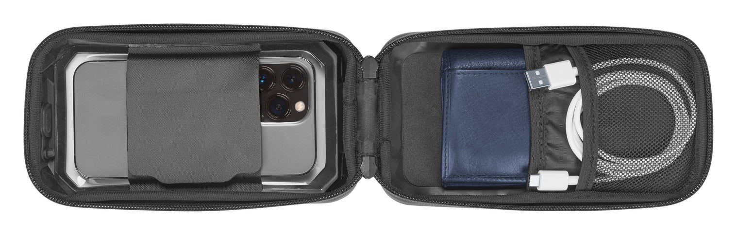 RBS-YAMAHA QUIKLOX waterproof phone lock case with handlebar mount mounted on a motorcycle handlebar.