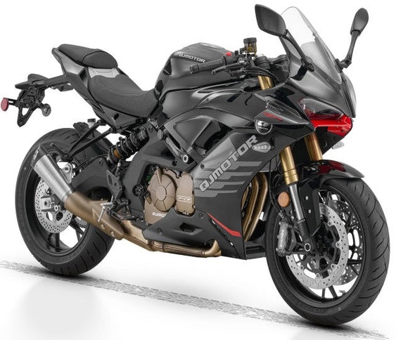 QJ MOTOR SRK 600 RC motorcycle with black and red body, high-performance racing design, photographed from front angle.