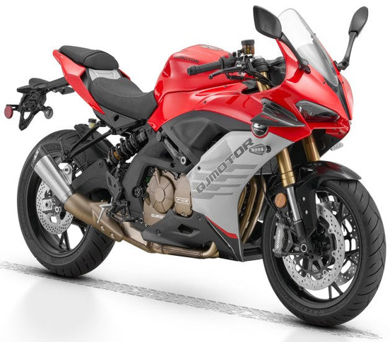 QJ MOTOR SRK 600 RC motorcycle showing front view with sleek black design and detailed features on a neutral background.