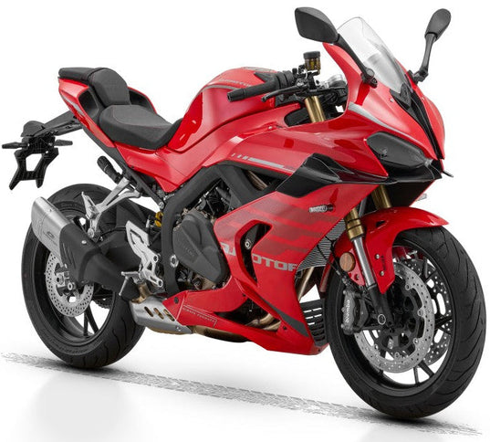 QJ MOTOR SRK 800 RR motorcycle showing sleek black design with sporty fairings and aggressive stance.