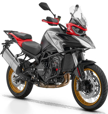 QJ MOTOR SRT 900 SX motorcycle with sleek black and silver design, featuring sporty styling and detailed bodywork.
