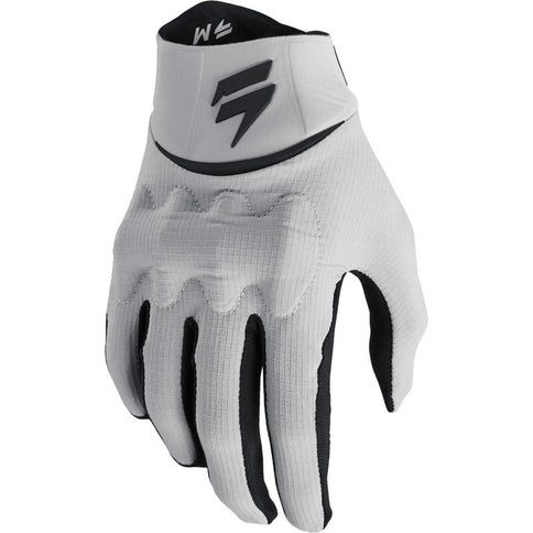 Grey and black SHIFT WHIT3 Label D30 MX gloves with protective padding, designed for motocross riding.