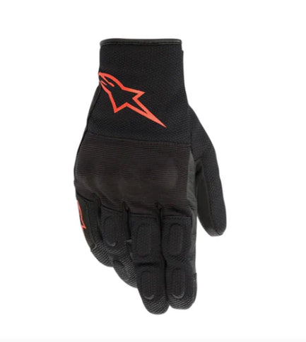 Alpinestars S-Max Drystar black and red motorcycle road gloves with protective knuckles and textured palm for grip.