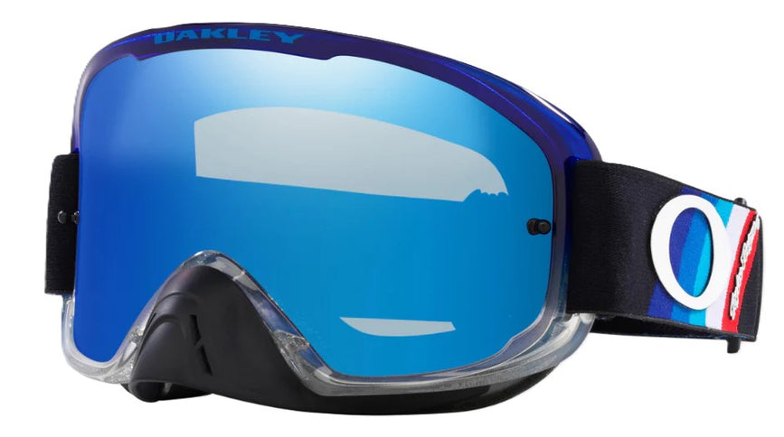 Oakley O-Frame 2.0 Pro MX goggles in black ICE Iridium with tinted lens, designed for motocross riding.
