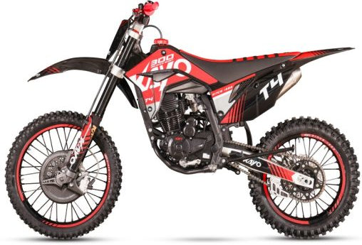 Kayo T4 300 Enduro motorcycle with rugged frame and off-road tires, ready for adventure and trail riding.