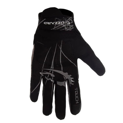 LIZZARD T-Rex MX gloves in black and grey, showing the textured palm and protective knuckle design for motocross riding.