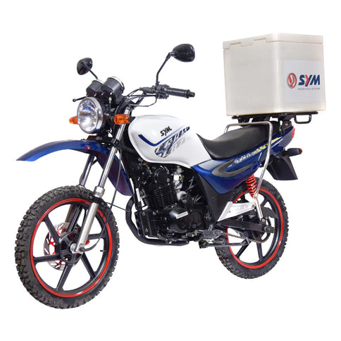 SYM Trail Blaze 200 delivery motorcycle, black and silver with rugged design, ready for urban transportation and delivery tasks.